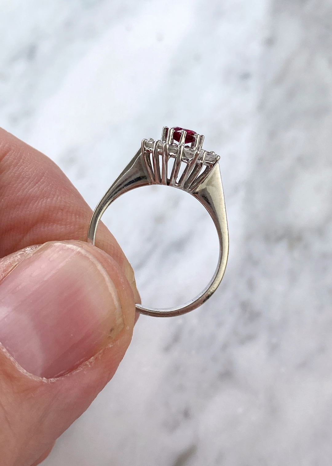 Wonderful white gold ring with ruby & diamonds: "Firestorm"