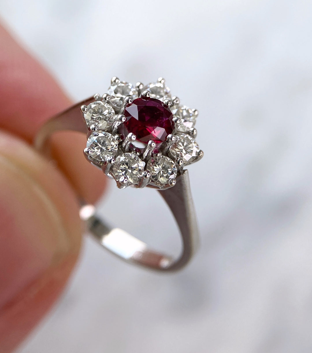 Wonderful white gold ring with ruby & diamonds: "Firestorm"