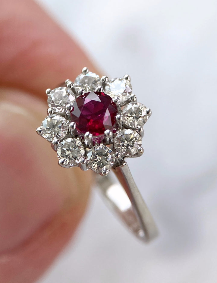 Wonderful white gold ring with ruby & diamonds: "Firestorm"