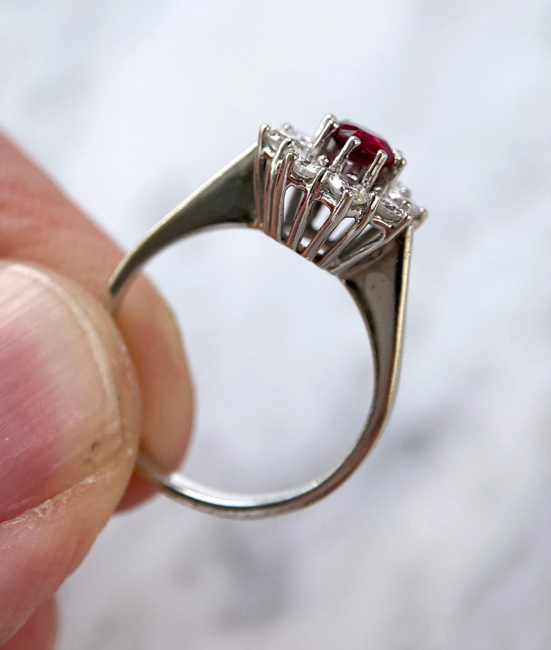 Wonderful white gold ring with ruby & diamonds: "Firestorm"