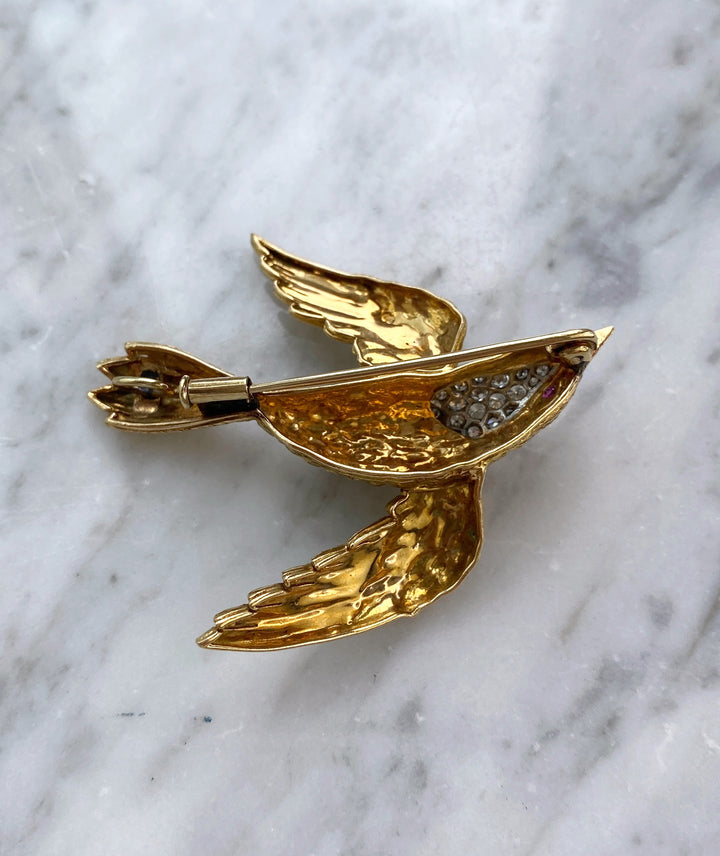 Vintage Brosche aus Gold mit Rubin & Diamanten: "Bird of Paradise"