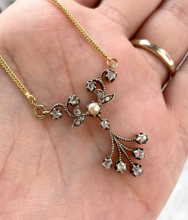 Antike Goldkette mit Perle & Rosendiamanten: "Sarahs Wirrwarr"