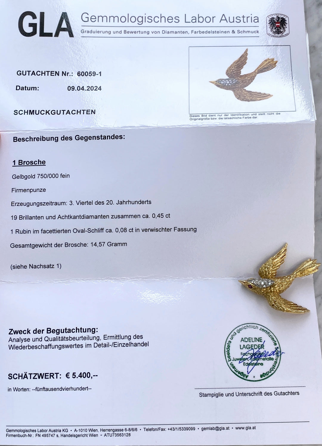 Vintage Brosche aus Gold mit Rubin & Diamanten: "Bird of Paradise"