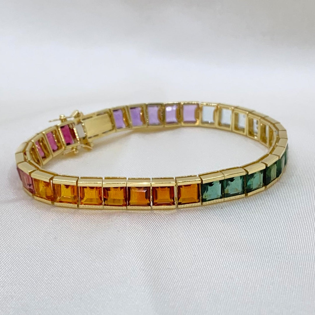 Gelbgold-Tennis-Armband 750 mit facettierten Amethysten, Topasen, Turmalinen und Citrinen in Kanalfassungen, farbenprächtiges Vintage-Design