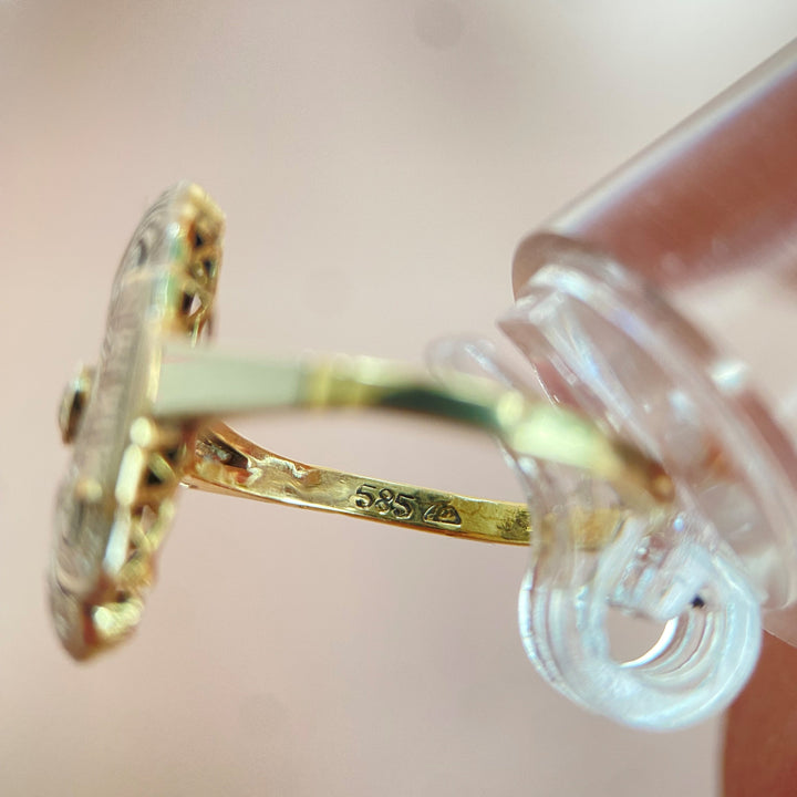 Nahaufnahme der Ringschiene und Punzierung im Gelbgoldring, Handwerksdetails und Metallfarbe erkennbar