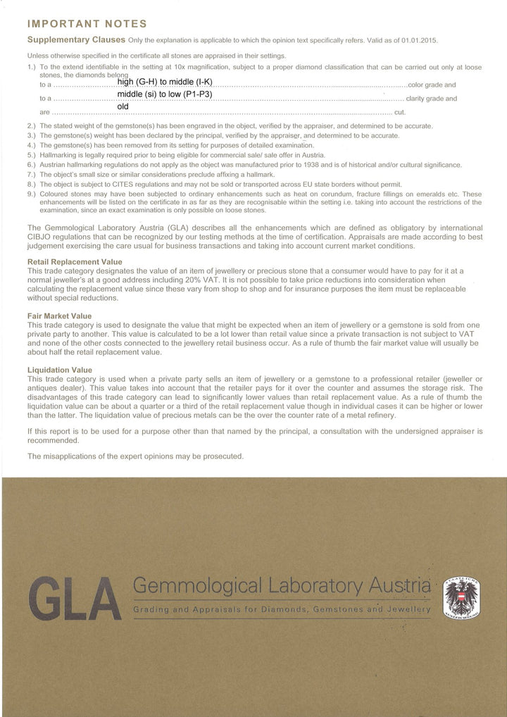 Echtheitszertifikat und GLA‑Gutachten für antiken Gelbgold‑Ring mit Saphiren und Diamanten, offizieller Nachweis der Qualität