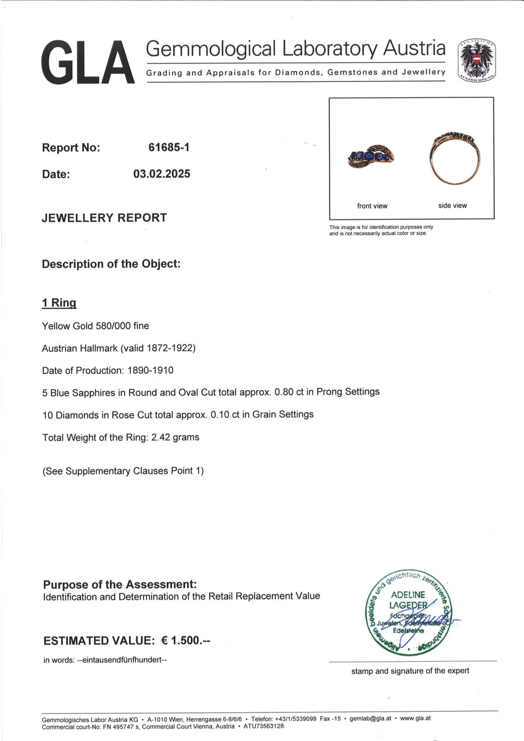 Echtheitszertifikat und GLA‑Gutachten für antiken Gelbgold‑Ring mit Saphiren und Diamanten, offizieller Nachweis der Qualität