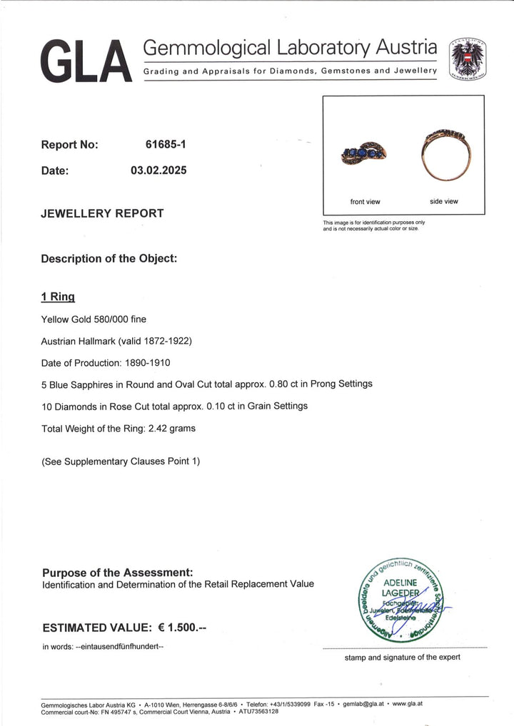 Echtheitszertifikat und GLA‑Gutachten für antiken Gelbgold‑Ring mit Saphiren und Diamanten, offizieller Nachweis der Qualität