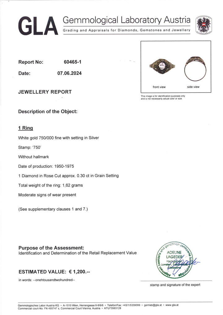 Echtheitszertifikat und Gutachten für Vintage Weißgoldring mit Rosenschliff-Diamant, offizieller Schmuckprüfnachweis des zertifizierten Stücks