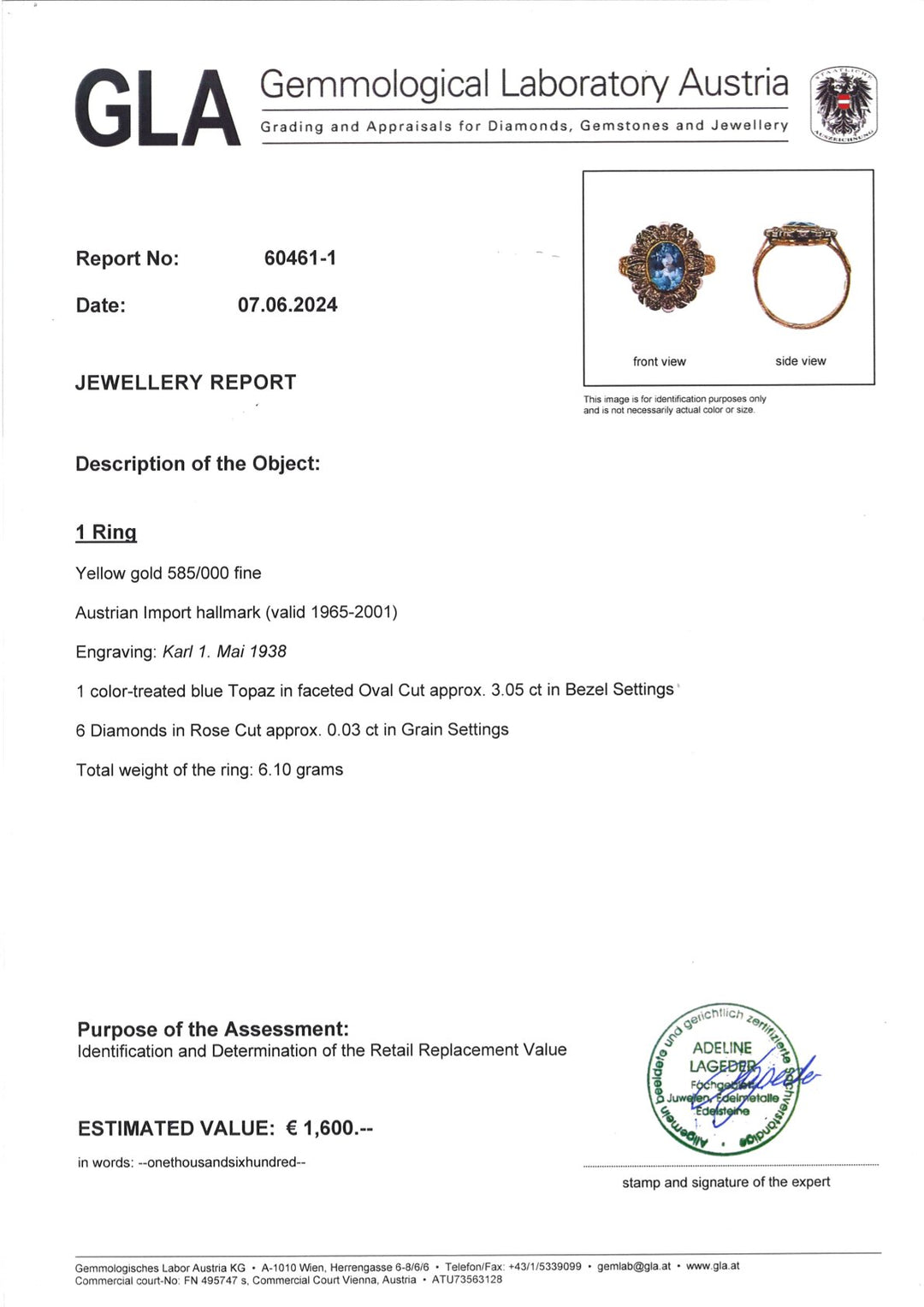 3 carat blue topaz – elegance in yellow gold ring: "Ice Princess"