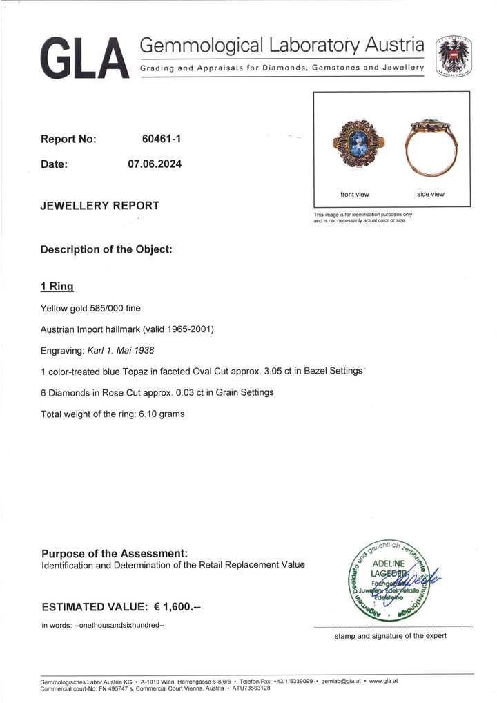 3 carat blue topaz – elegance in yellow gold ring: "Ice Princess"