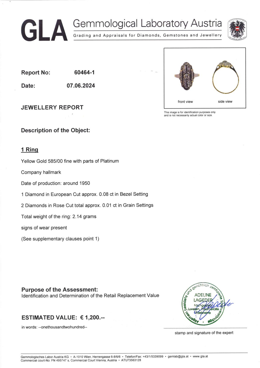 Echtheitszertifikat und GLA-Gutachten für Gelbgoldring mit Diamanten im Vintage-Stil, offizieller Qualitätsnachweis des Schmuck