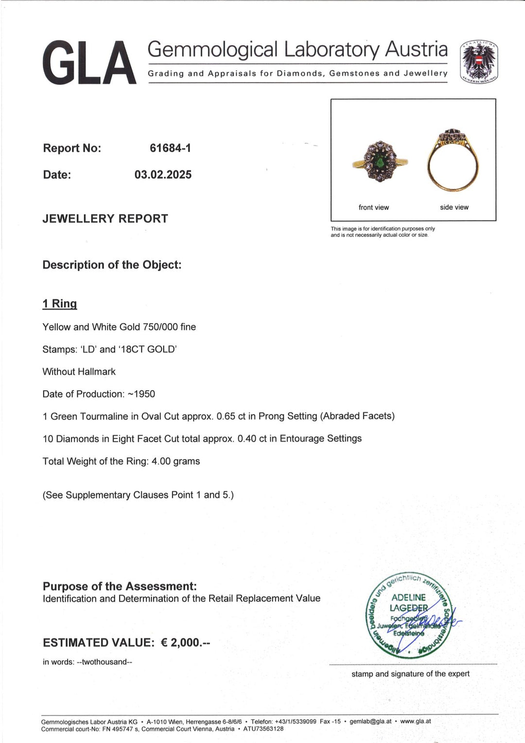 Echtheitszertifikat und GLA‑Gutachten für Vintage Turmalin‑Diamant‑Ring, offizieller Schmucknachweis und Expertise