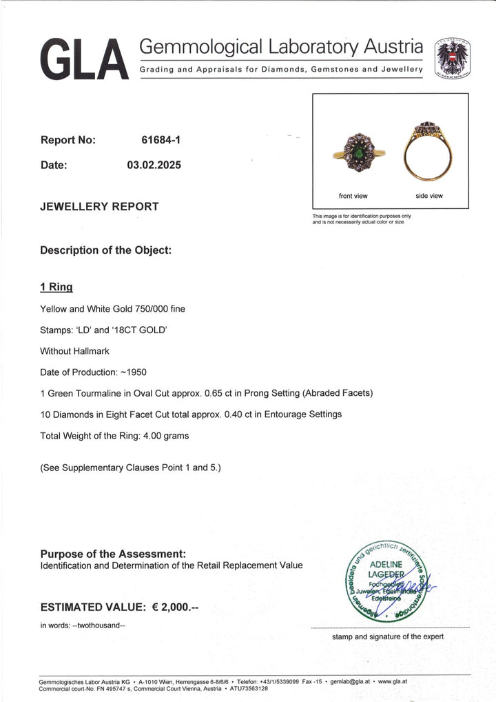 Echtheitszertifikat und GLA‑Gutachten für Vintage Turmalin‑Diamant‑Ring, offizieller Schmucknachweis und Expertise