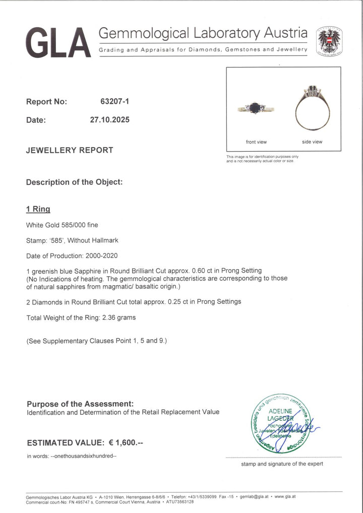 Weißgoldring mit Saphir und Diamanten inklusive GLA-Echtheitszertifikat