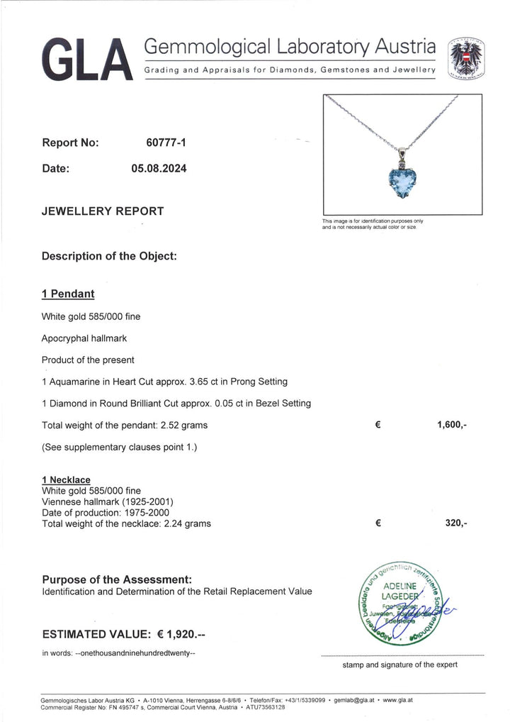 Precious 3.65 ct aquamarine heart-shaped pendant with chain: "Ariel's Song"