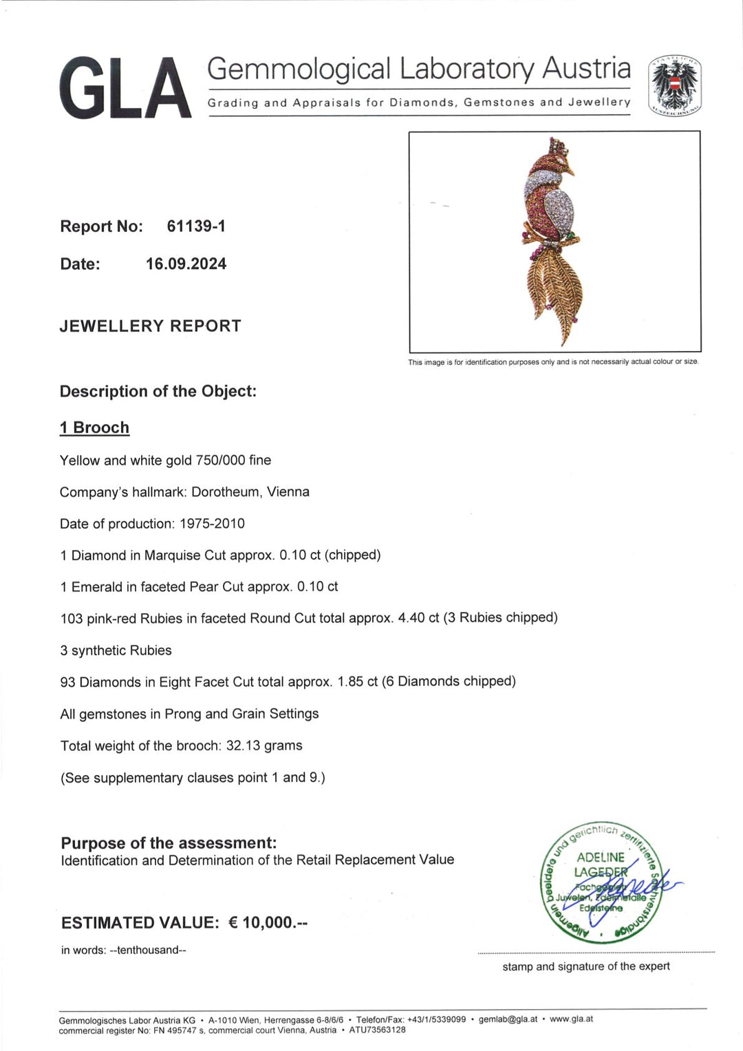 Massive brooch with elaborate diamond and ruby setting: "Bird of Paradise"