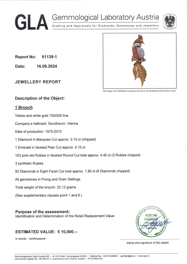 Massive brooch with elaborate diamond and ruby setting: "Bird of Paradise"