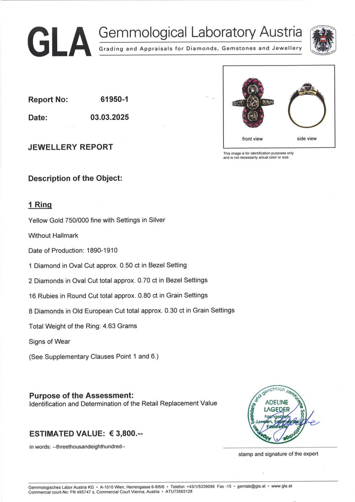 Antiker Diamantring zus. 1,10 ct mit Rubinen: "Trinity's Old European Cut"