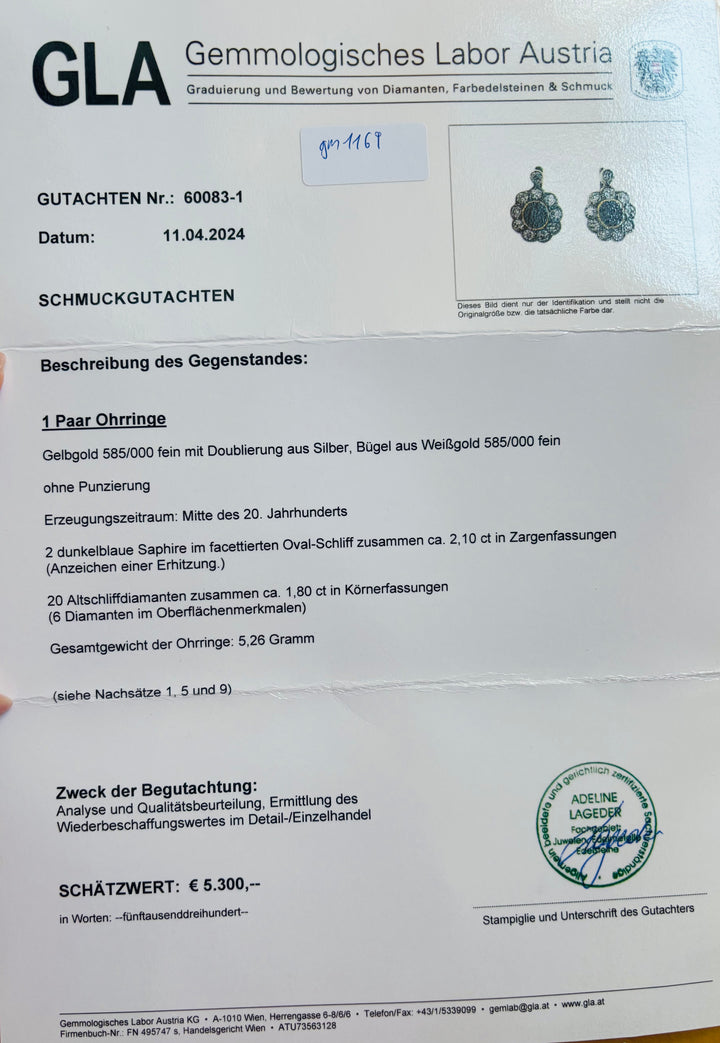 Ohringe mit Saphiren (zusammen 2,1 ct) und Diamanten (zusammen ca 1,8 ct): "Doublettenglück"