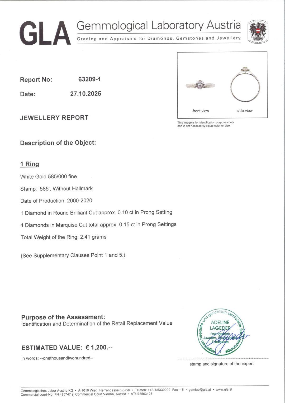 „Ring GES001 aus 585er Weißgold mit Diamanten im runden Brillantschliff und Marquise-Schliff, inklusive GLA-Echtheitszertifikat, eleganter Schmuck für Damen