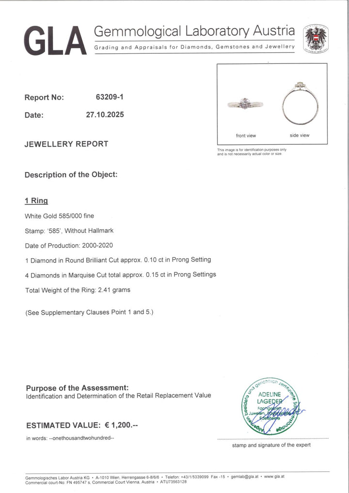 „Ring GES001 aus 585er Weißgold mit Diamanten im runden Brillantschliff und Marquise-Schliff, inklusive GLA-Echtheitszertifikat, eleganter Schmuck für Damen
