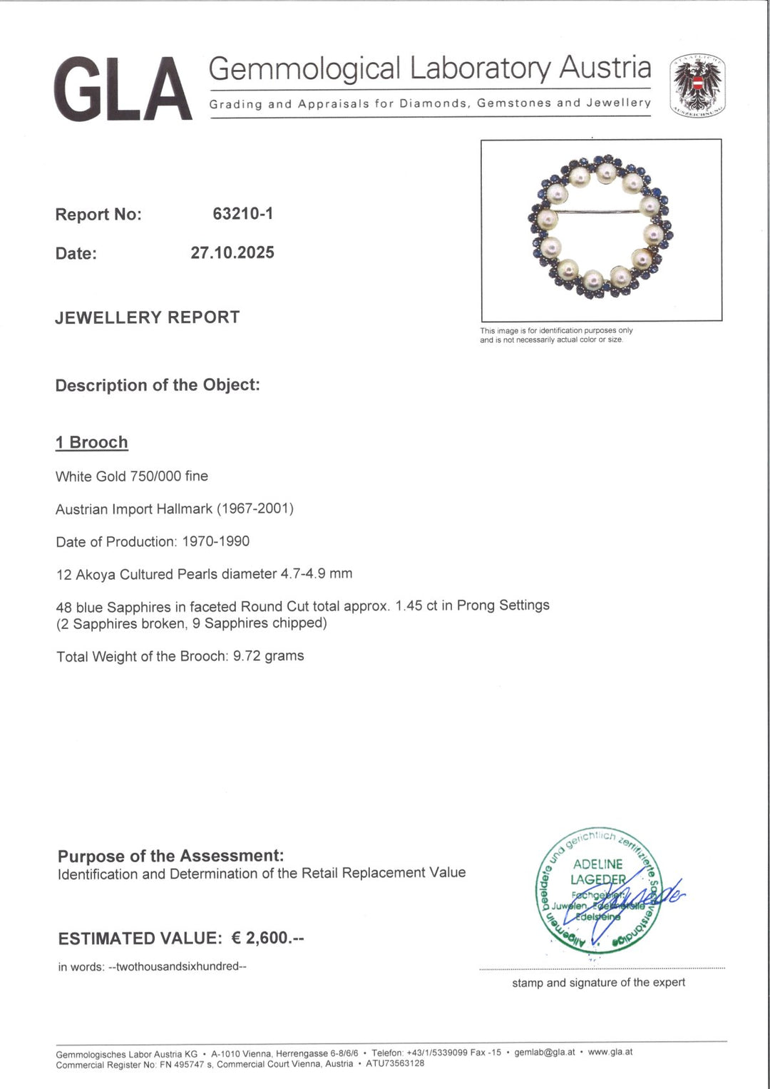 Brosche GES012a aus 750er Weißgold mit 12 Akoya-Zuchtperlen und 48 blauen Saphiren, facettierter Rundschliff, GLA-Echtheitszertifikat, eleganter Vintage-Schmuck