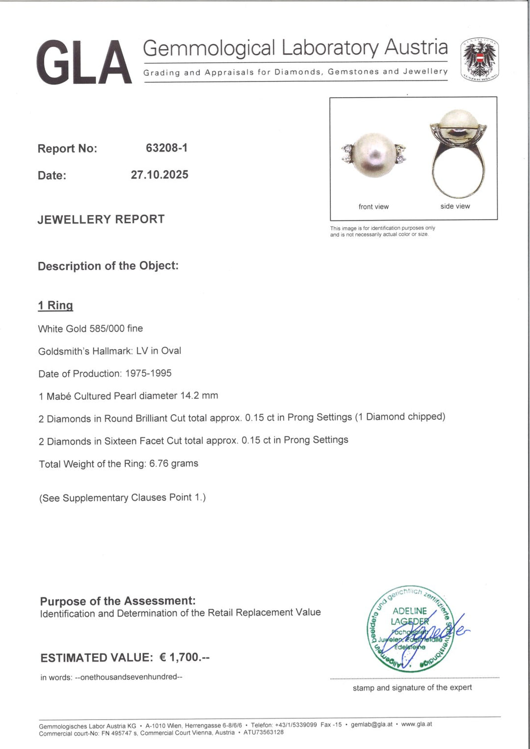 Ring GES012b aus 585er Weißgold mit 14,2 mm Mabe-Zuchtperle und vier Diamanten, Krappenfassungen, GLA-Echtheitszertifikat, eleganter Vintage-Schmuck