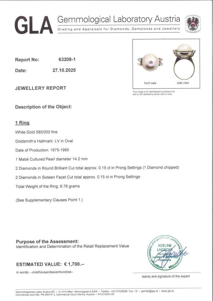 Ring GES012b aus 585er Weißgold mit 14,2 mm Mabe-Zuchtperle und vier Diamanten, Krappenfassungen, GLA-Echtheitszertifikat, eleganter Vintage-Schmuck