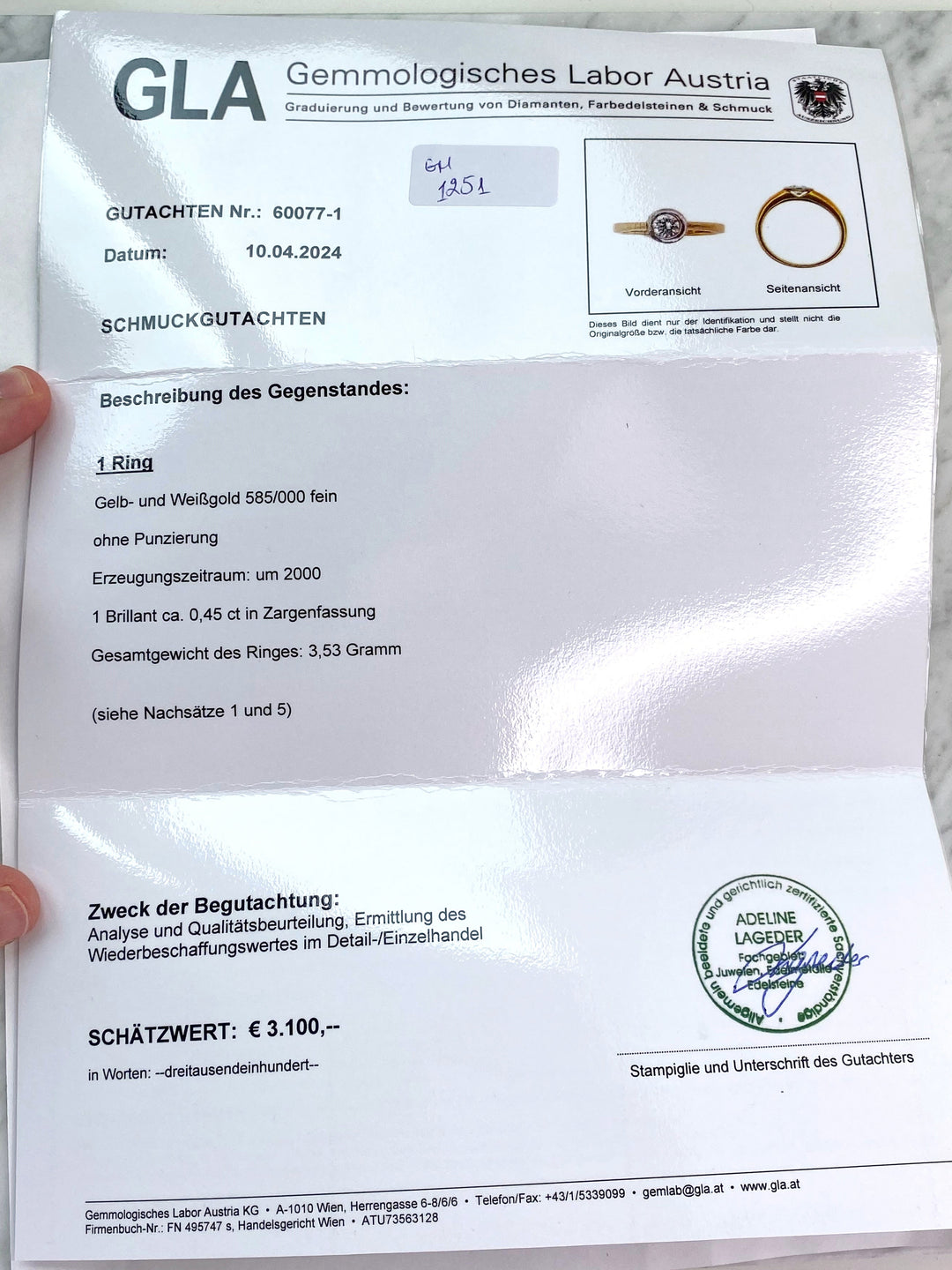 Zertifikat/Gutachten zu Gelb- und Weißgoldring mit Brillant – Echtheitsprüfung Vintage Portfolio Treasury