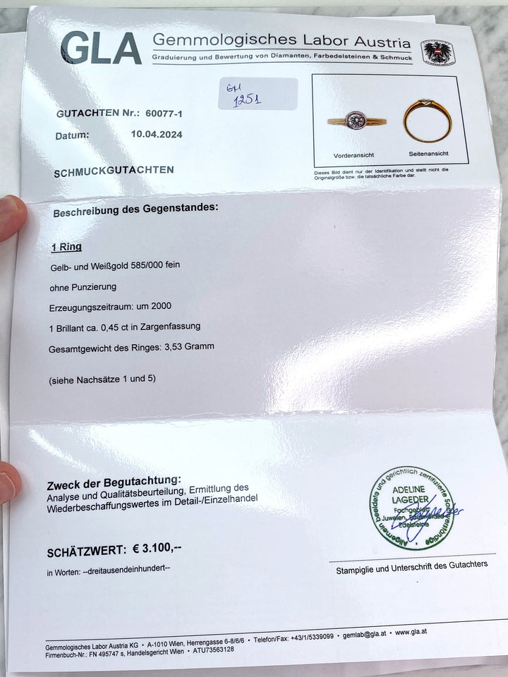 Zertifikat/Gutachten zu Gelb- und Weißgoldring mit Brillant – Echtheitsprüfung Vintage Portfolio Treasury