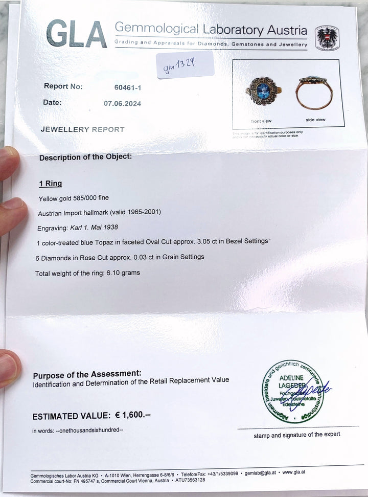 3 carat blue topaz – elegance in yellow gold ring: "Ice Princess"