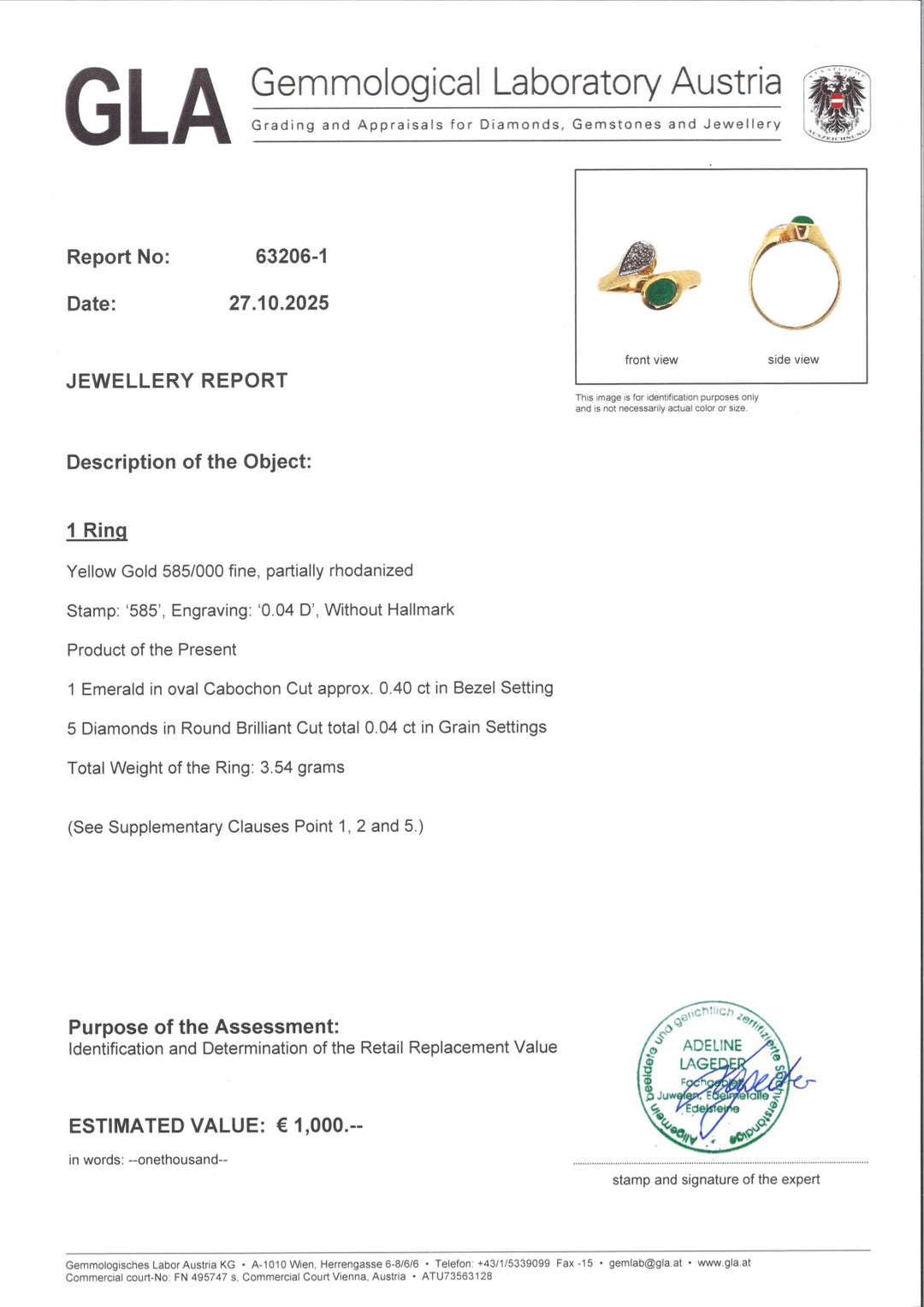 „Ring S001 aus 585er Gelbgold mit 0,40 ct Smaragd im Cabochonschliff und 5 Diamanten, inklusive GLA-Echtheitszertifikat, modernes Schmuckdesign