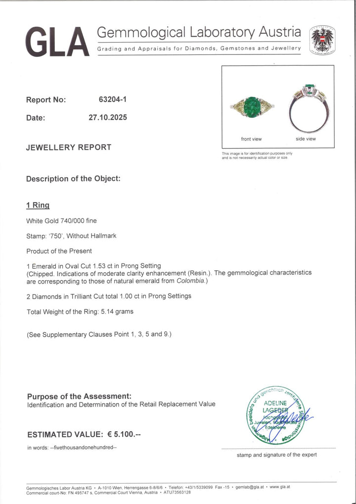 „Ring S002 aus 750er Weißgold mit 1,53 ct Smaragd aus Kolumbien und 2 Diamanten im Trilliant-Schliff, inklusive GLA-Echtheitszertifikat, modernes Design