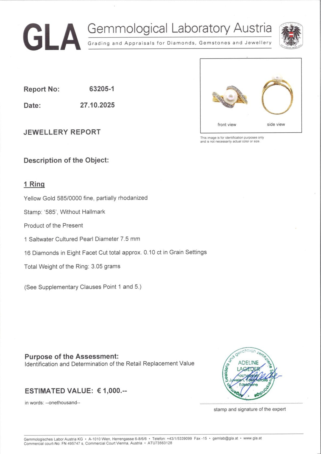 Ring S003 aus 585er Gelbgold mit Salzwasser-Zuchtperle Ø 7,5 mm und 16 Achtkantschliff-Diamanten, GLA-Echtheitszertifikat, eleganter Goldschmuck