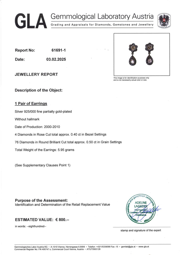 Paar Ohrringe S007 aus 925er Silber, teilweise vergoldet, mit Rosenschliff- und Brillantschliff-Diamanten, inklusive GLA-Echtheitszertifikat, stilvoller Schmuck