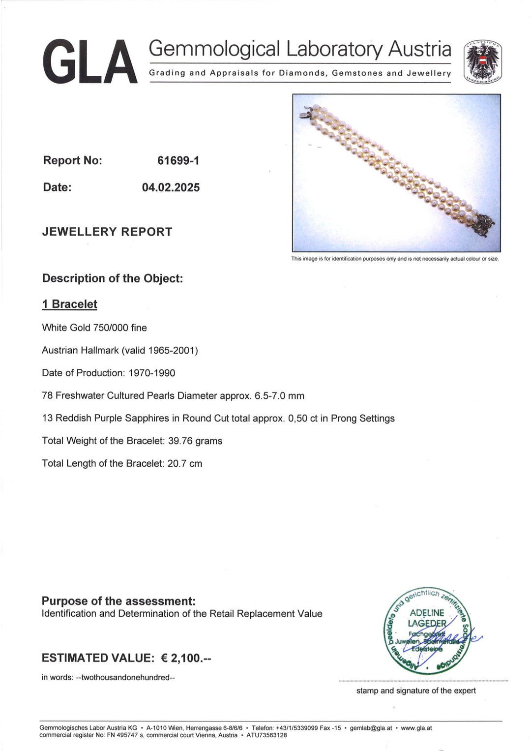 „Armband S008 aus 750er Weißgold mit 78 Süßwasser-Zuchtperlen und 13 violett-roten Saphiren, Gesamtgewicht 39,76 g, inklusive GLA-Echtheitszertifikat