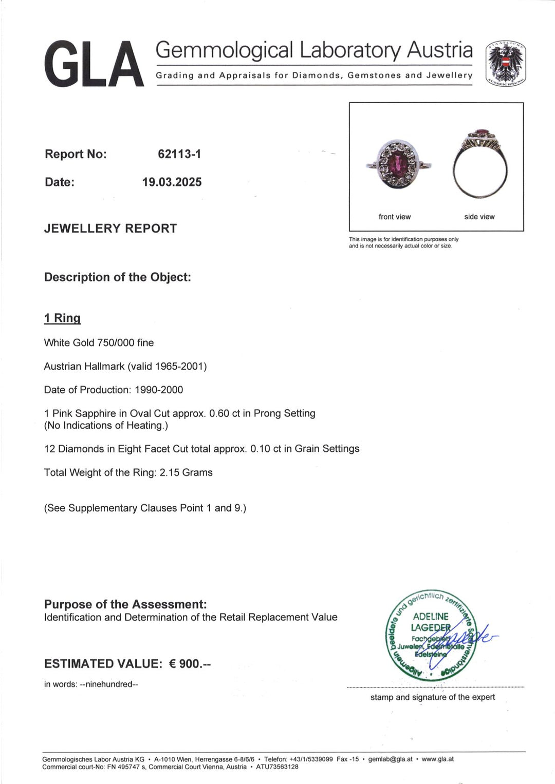 Ring S009 aus 750er Weißgold mit rosa Saphir 0,60 ct und 12 Diamanten im Achtkantschliff, Gesamtgewicht 2,15 g, inklusive GLA-Echtheitszertifikat