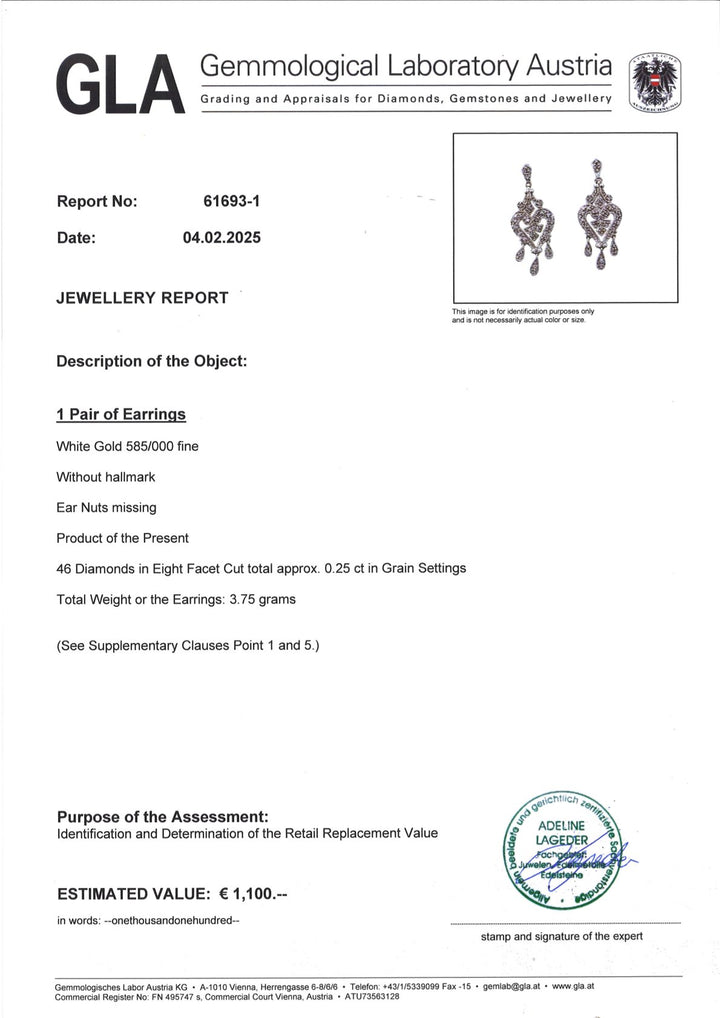 Ohrringe S011 aus 585er Weißgold mit 46 Diamanten, Vorderansicht, inklusive GLA-Echtheitszertifikat, Achtkantschliff, moderne Design-Ohrringe