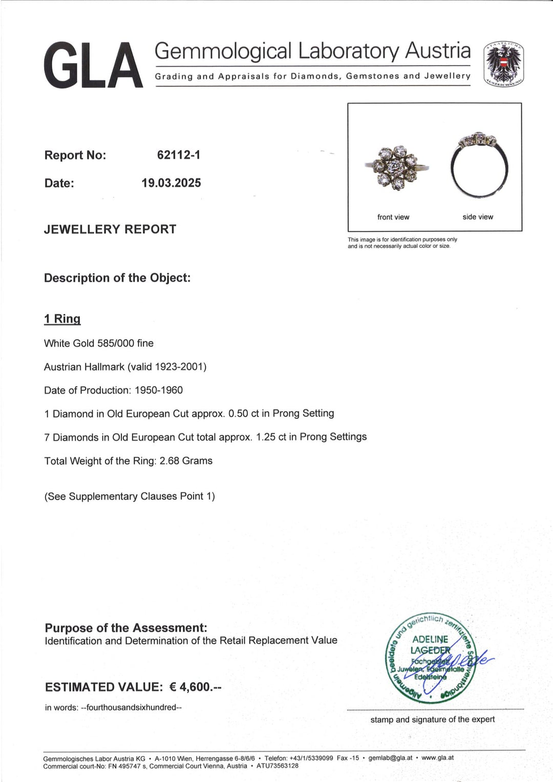 „Ring S012 aus 585er Weißgold mit historischen Diamanten, Vorderansicht, inklusive GLA-Echtheitszertifikat, Old European Cut, Ringgröße veränderbar, Vintage-Schmuck