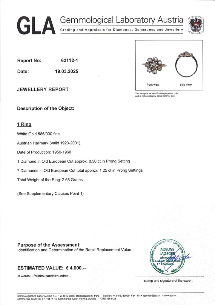 „Ring S012 aus 585er Weißgold mit historischen Diamanten, Vorderansicht, inklusive GLA-Echtheitszertifikat, Old European Cut, Ringgröße veränderbar, Vintage-Schmuck