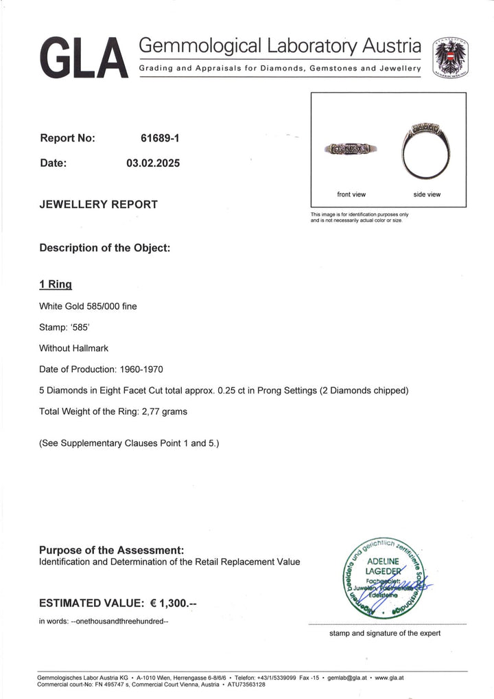 Ring S013 aus 585er Weißgold mit Diamanten, Vorderansicht, inklusive GLA-Echtheitszertifikat, hochwertige Handwerkskunst, moderner Schliff, Ringgröße veränderbar
