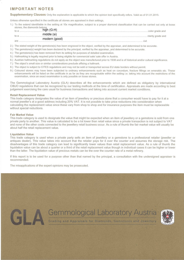 Ring S013 aus 585er Weißgold mit Diamanten, Ansicht der GLA-Zertifikatsunterlagen, Echtheits- und Wertbescheinigung, Detailaufnahme Schmuck und Gutachten