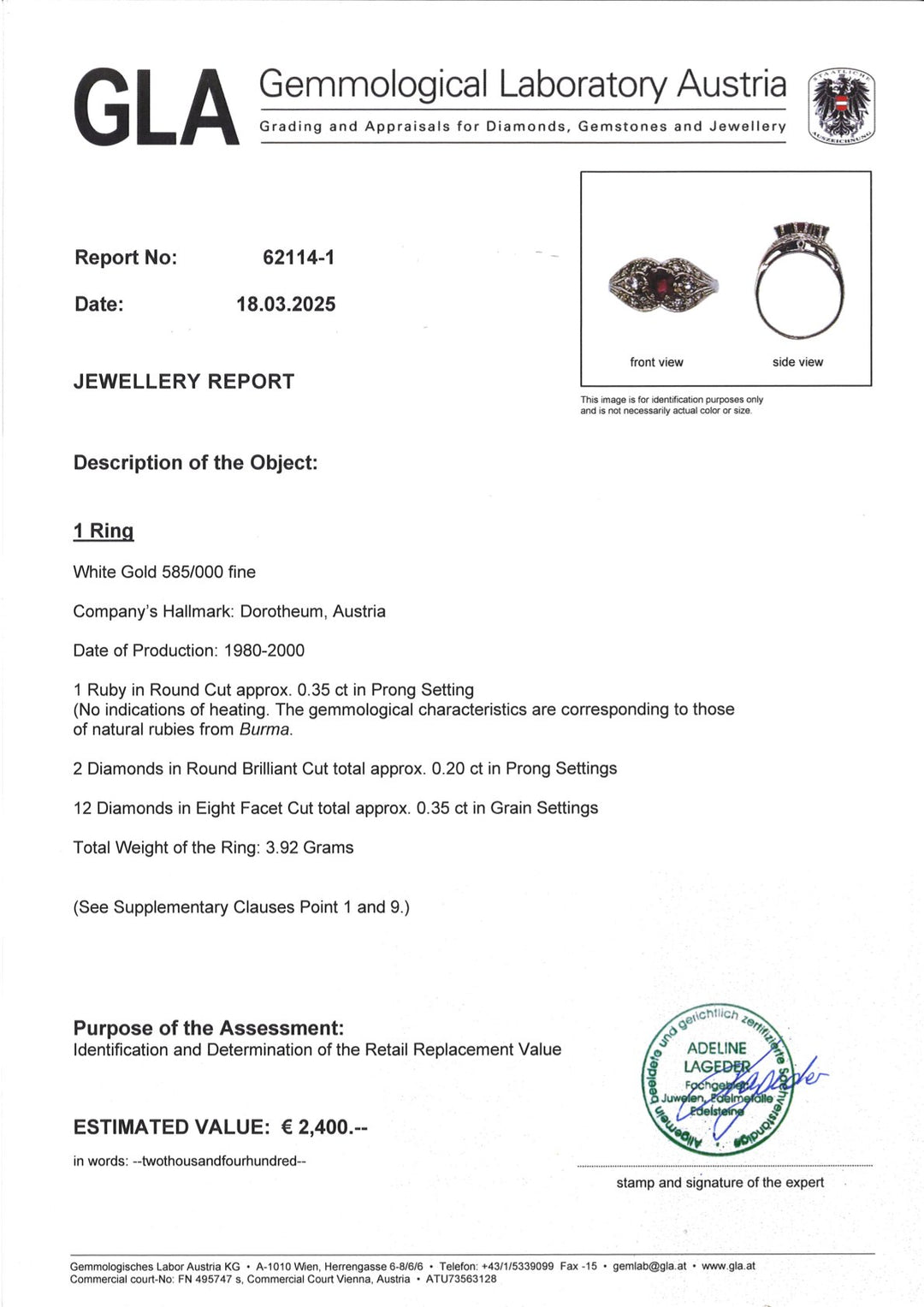 White gold ring with ruby and diamonds – Dorotheum, Austria (1980–2000)