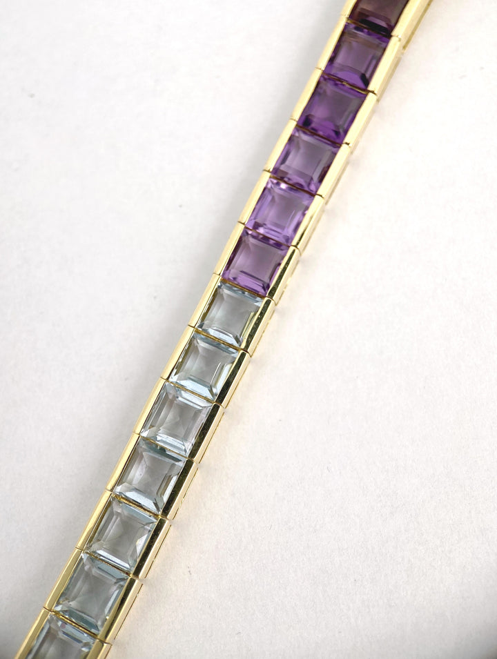 Luxurious tennis bracelet with tourmalines, citrines and topazes in gold: "Joy of the Rainbow"