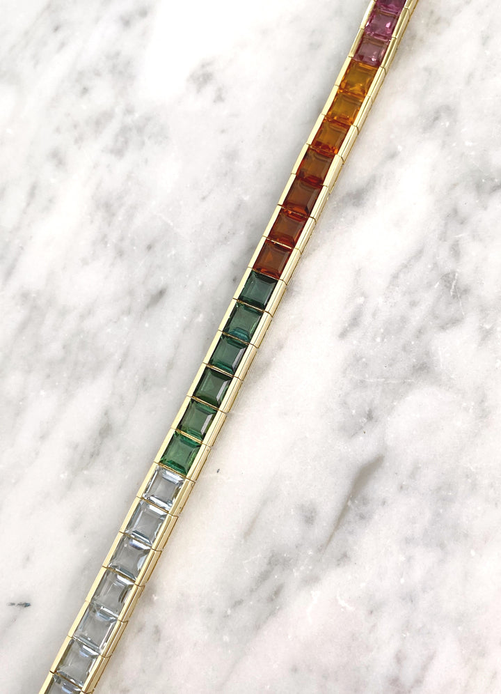 Luxurious tennis bracelet with tourmalines, citrines and topazes in gold: "Joy of the Rainbow"
