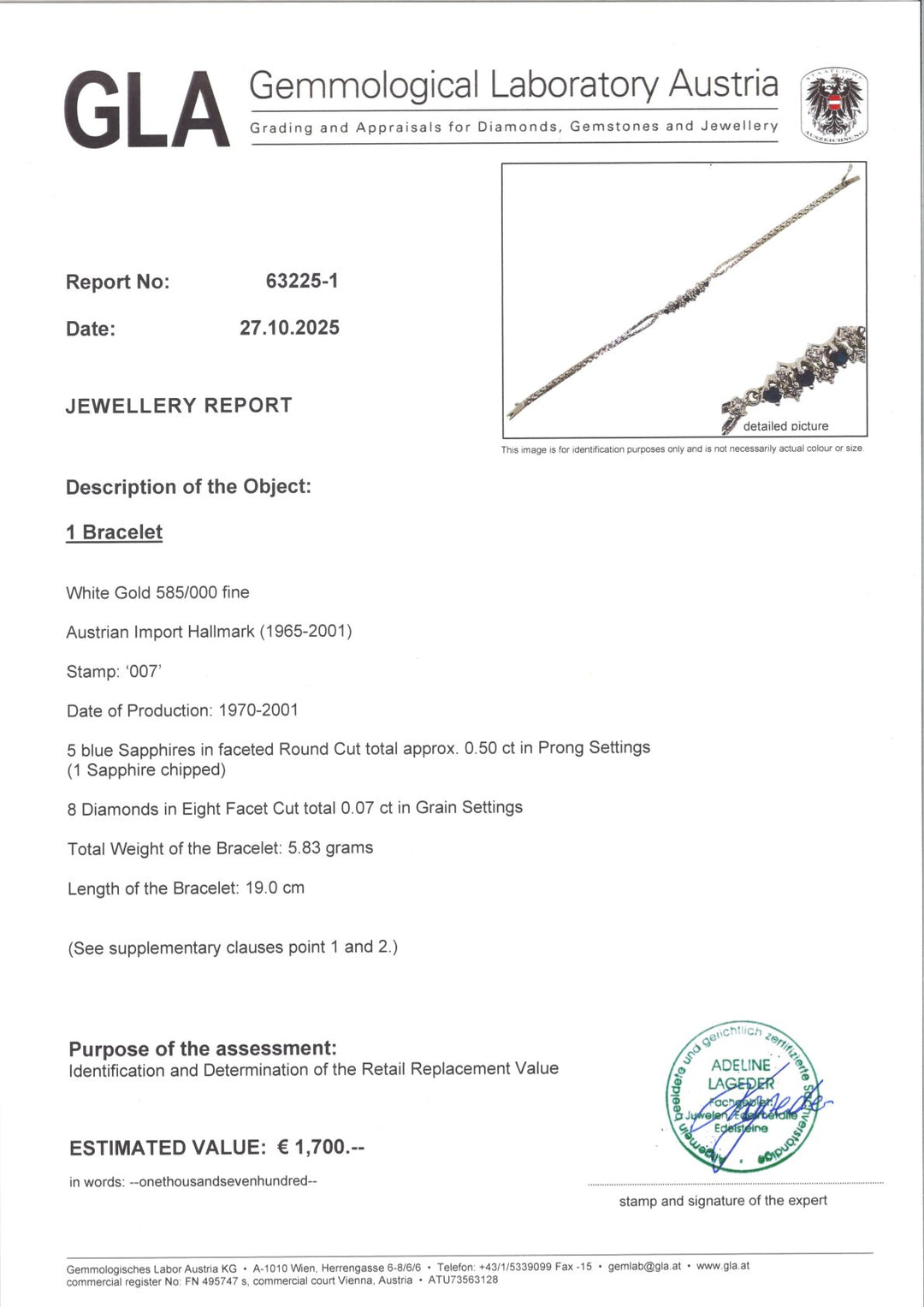 Elegant bracelet in 585 white gold with sapphires & diamonds (1970–2001)